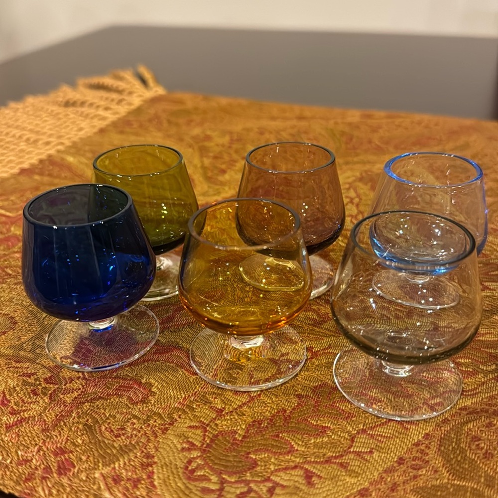 Set of 6 Mid Century Jewel Tone Mini Brandy  Glasses/Sniffere